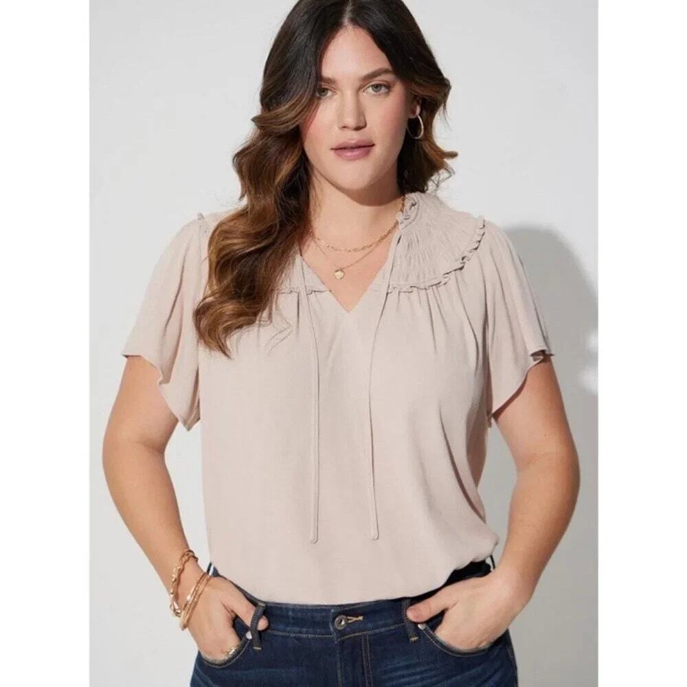 Torrid Ruffle Top Womens 3X Mushroom Pink Washable Gauze Smocked Yoke Flowy